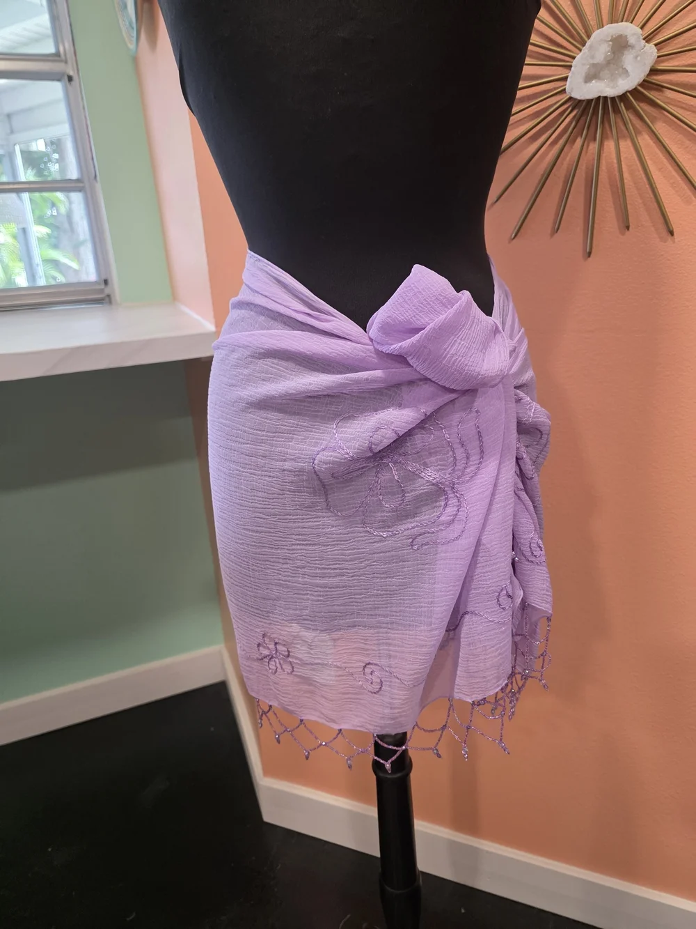 Vintage Y2K Sheer Shawl Lavender Embroidered Wrap Scarf Beaded Fringe